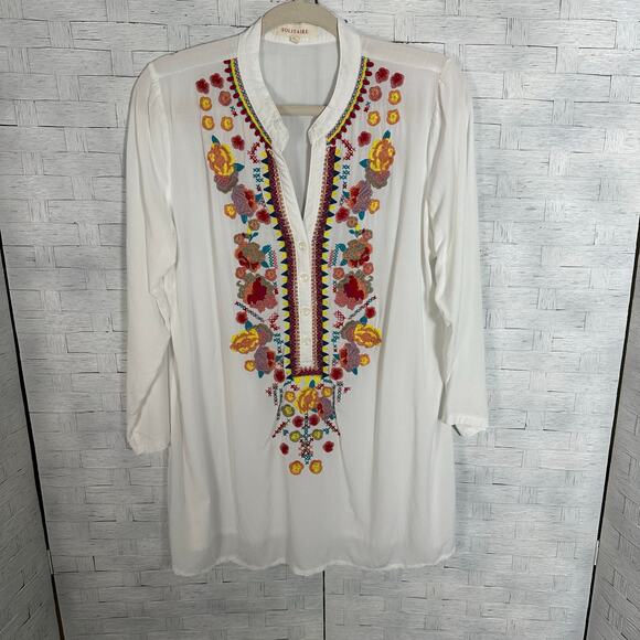 Solitaire women’s lightweight peasant top roll tab sleeve embroidered bohemian - Picture 1 of 7